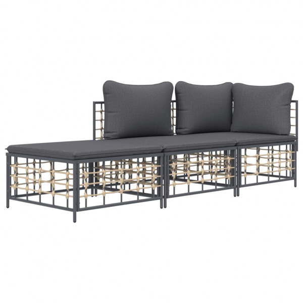 3 pcs conjunto lounge de jardim c/ almofadões vime PE antracite M 2