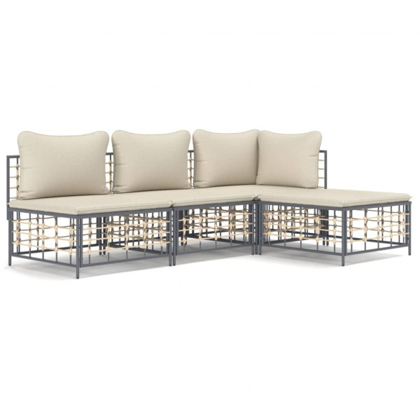 4 pcs conjunto lounge de jardim c/ almofadões vime PE antracite D