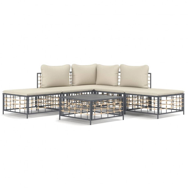 6 pcs conjunto lounge de jardim c/ almofadões vime PE antracite D