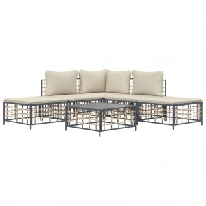 6 pcs conjunto lounge de jardim c/ almofadões vime PE antracite H