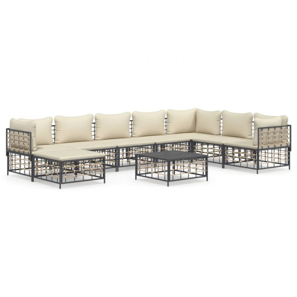 9 pcs conjunto lounge de jardim c/ almofadões vime PE antracite D