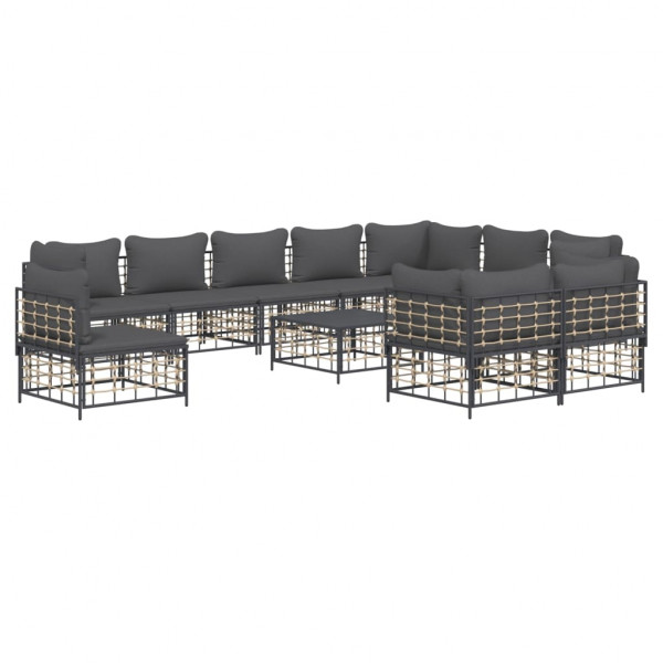11pcs conjunto lounge de jardim c/ almofadões vime PE antracite M 2