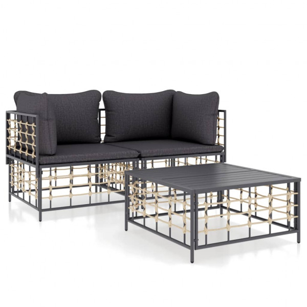 3 pcs conjunto lounge de jardim c/ almofadões vime PE antracite D