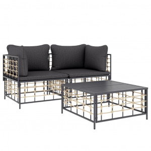 3 pcs conjunto lounge de jardim c/ almofadões vime PE antracite H