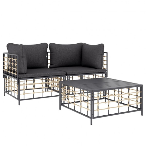 3 pcs conjunto lounge de jardim c/ almofadões vime PE antracite M 2