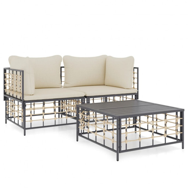 3 pcs conjunto lounge de jardim c/ almofadões vime PE antracite D