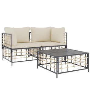 3 pcs conjunto lounge de jardim c/ almofadões vime PE antracite H
