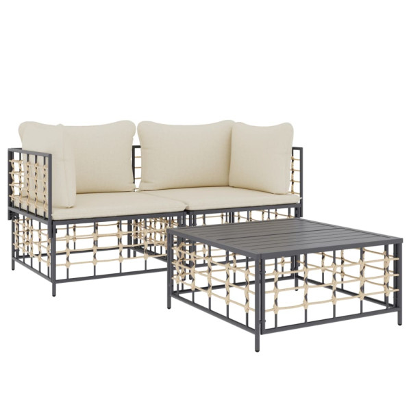 3 pcs conjunto lounge de jardim c/ almofadões vime PE antracite M 2