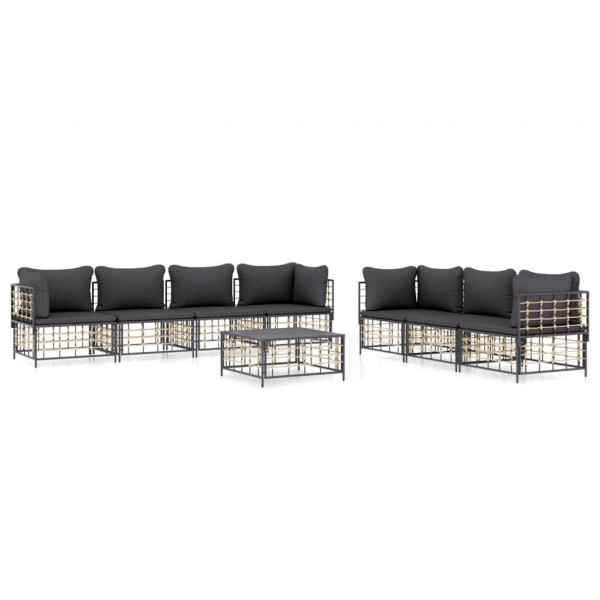8 pcs conjunto lounge de jardim c/ almofadões vime PE antracite D