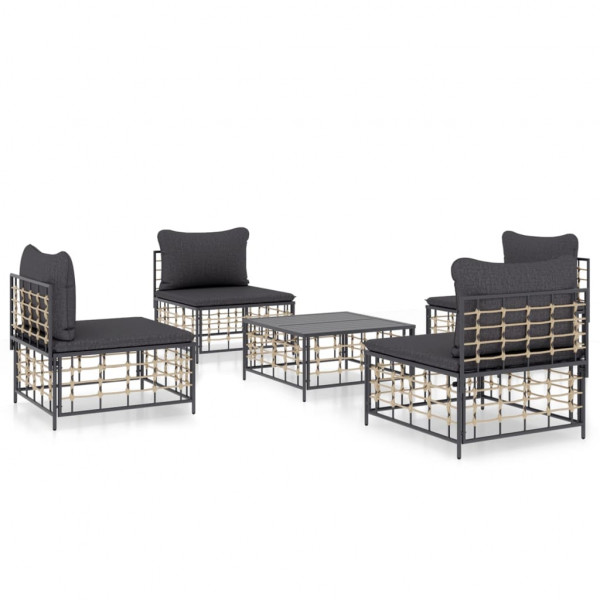 5 pcs conjunto lounge de jardim c/ almofadões vime PE antracite D