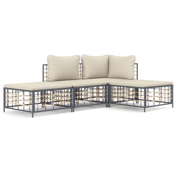 4 pcs conjunto lounge de jardim c/ almofadões vime PE antracite D