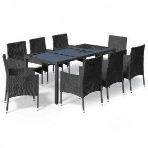 9 pcs conjunto de jantar p/ jardim c/ almofadões vime PE preto H