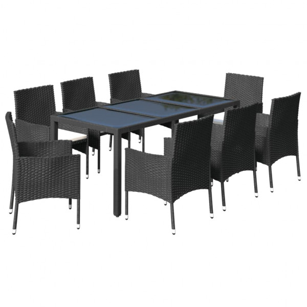 9 pcs conjunto de jantar p/ jardim c/ almofadões vime PE preto M 3