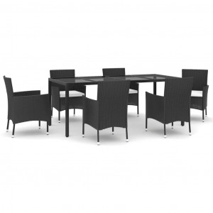 7 pcs conjunto de jantar p/ jardim c/ almofadões vime PE preto H