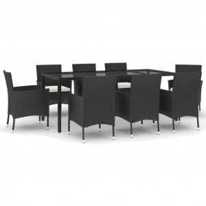 9 pcs conjunto de jantar p/ jardim c/ almofadões vime PE preto H