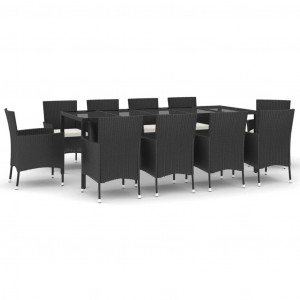 11 pcs conjunto de jantar p/ jardim c/ almofadões vime PE preto H