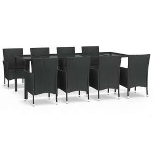 9 pcs conjunto de jantar p/ jardim c/ almofadões vime PE preto H