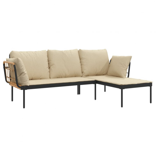 3 pcs conjunto lounge de jardim c/ almofadões beges vime PE M 5