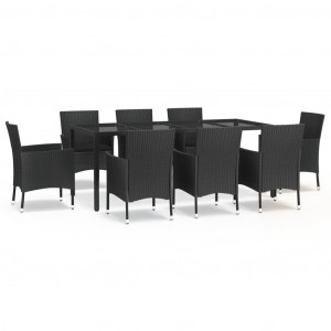 9 pcs conjunto de jantar p/ jardim c/ almofadões vime PE preto H