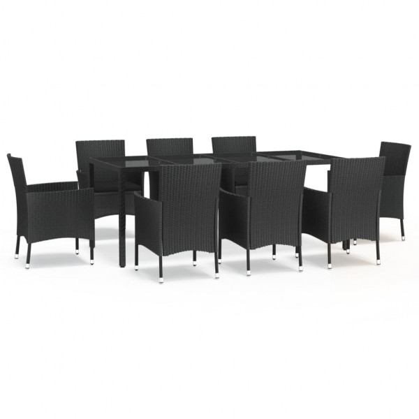 9 pcs conjunto de jantar p/ jardim c/ almofadões vime PE preto M 2