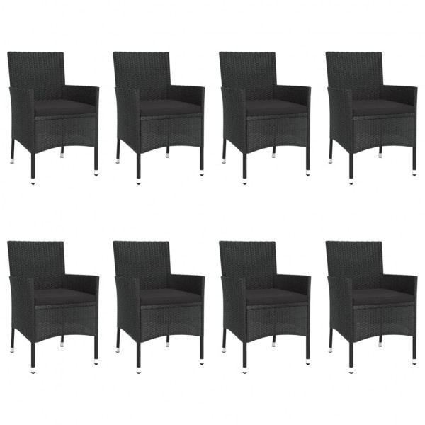 9 pcs conjunto de jantar p/ jardim c/ almofadões vime PE preto M 4