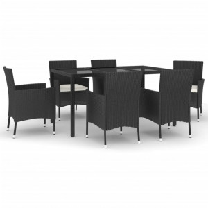 7 pcs conjunto de jantar p/ jardim c/ almofadões vime PE preto H