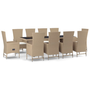 Set comedor de jardín 11 pzas con cojines ratán sintético beige H
