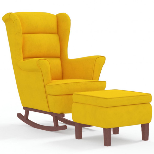 Sillón mecedora patas madera y taburete terciopelo amarillo M 2