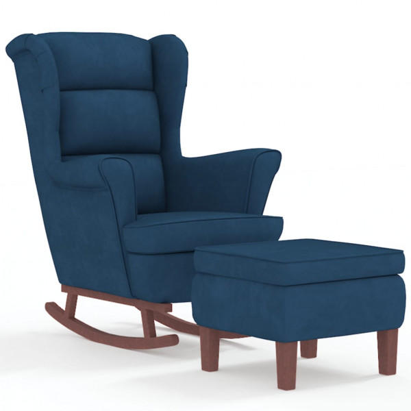 Sillón mecedora patas madera y taburete terciopelo azul M 2