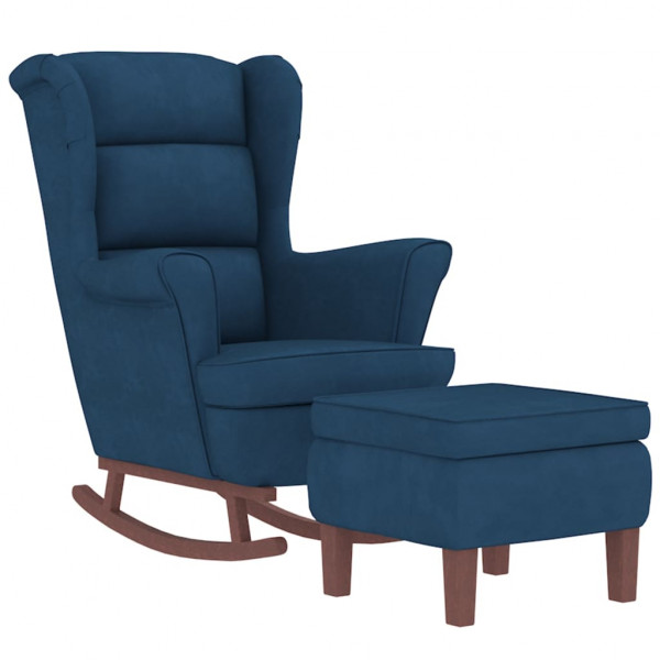 Sillón mecedora patas madera y taburete terciopelo azul M 3