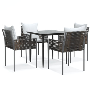 5 pcs conjunto de jantar p/ jardim c/ almofadões vime PE e aço H