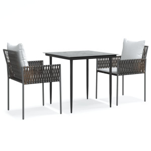 3 pcs conjunto de jantar p/ jardim c/ almofadões vime PE e aço H
