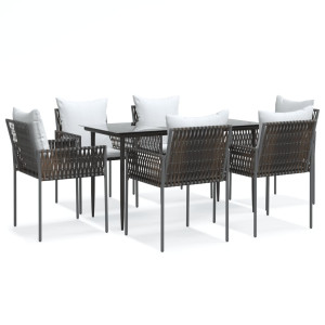 7 pcs conjunto de jantar p/ jardim c/ almofadões vime PE e aço H