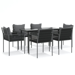 7 pcs conjunto de jantar p/ jardim c/ almofadões vime PE e aço H