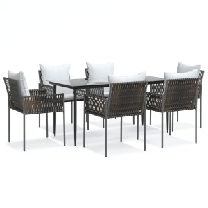 7 pcs conjunto de jantar p/ jardim c/ almofadões vime PE e aço H