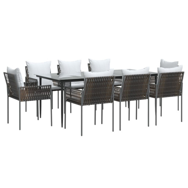 9 pcs conjunto de jantar p/ jardim com almofadões vime PE e aço M 3
