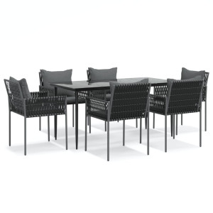 7 pcs conjunto de jantar p/ jardim c/ almofadões vime PE e aço H