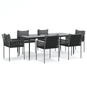 7 pcs conjunto de jantar p/ jardim c/ almofadões vime PE e aço H