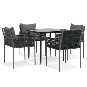 5 pcs conjunto de jantar p/ jardim c/ almofadões vime PE e aço H