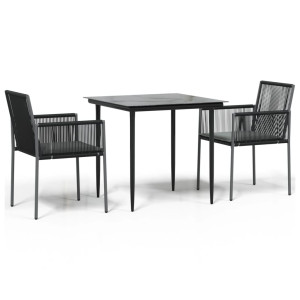 Set comedor jardín 3 pzas y cojines acero ratán sintético negro H