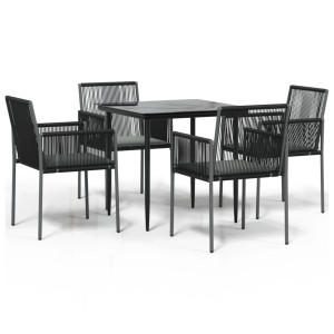 5 pcs conjunto jantar p/ jardim c/ almofadões vime PE/aço preto H