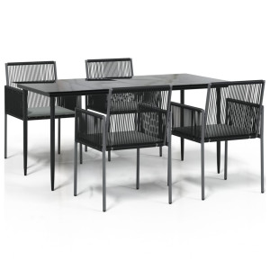 5 pcs conjunto jantar p/ jardim c/ almofadões vime PE/aço preto H