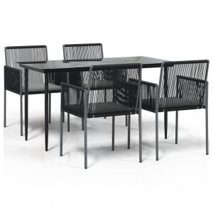 5 pcs conjunto jantar p/ jardim c/ almofadões vime PE/aço preto H