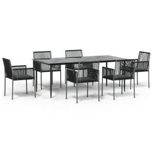 7 pcs conjunto jantar p/ jardim c/ almofadões vime PE/aço preto H