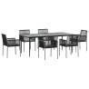 Set comedor jardín 7 pzas y cojines acero ratán sintético negro 3