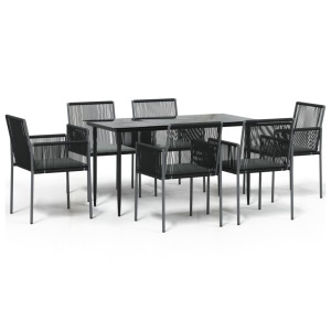 7 pcs conjunto jantar p/ jardim c/ almofadões vime PE/aço preto H