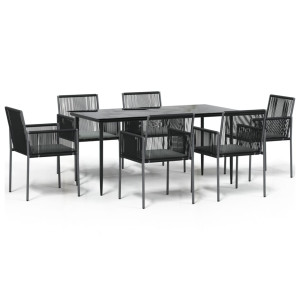 7 pcs conjunto jantar p/ jardim c/ almofadões vime PE/aço preto H