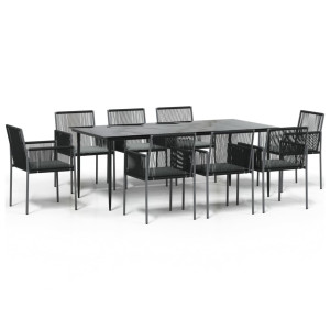 9 pcs conjunto jantar p/ jardim c/ almofadões vime PE/aço preto H
