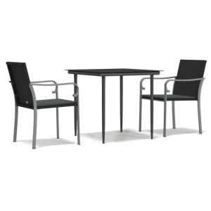 3 pcs conjunto de jantar p/ jardim c/ almofadões vime PE e aço H