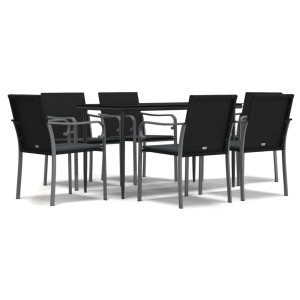 7 pcs conjunto de jantar p/ jardim c/ almofadões vime PE e aço H